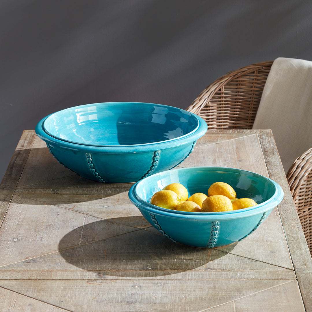 Aqua ceramic bowl on a table with lemons, handmade in Italy, perfect for coffee tables or kitchen islands – Coastal Mediterranean

