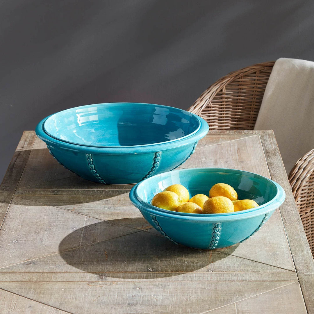 Aqua ceramic bowl on a table with lemons, handmade in Italy, perfect for coffee tables or kitchen islands – Coastal Mediterranean

