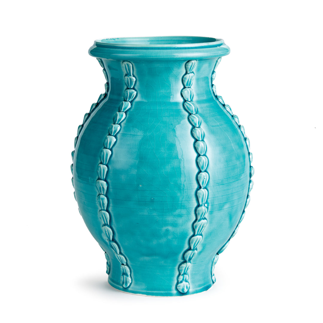 Aqua ceramic vase with hand-applied shell details, handmade in Italy, 12.5 inches tall – Coastal Mediterranean


