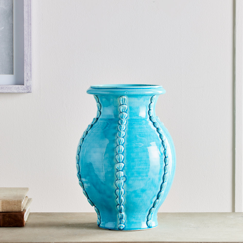 Side view of aqua ceramic vase with shell details, handmade in Italy, perfect for decorative styling – Coastal Mediterranean


