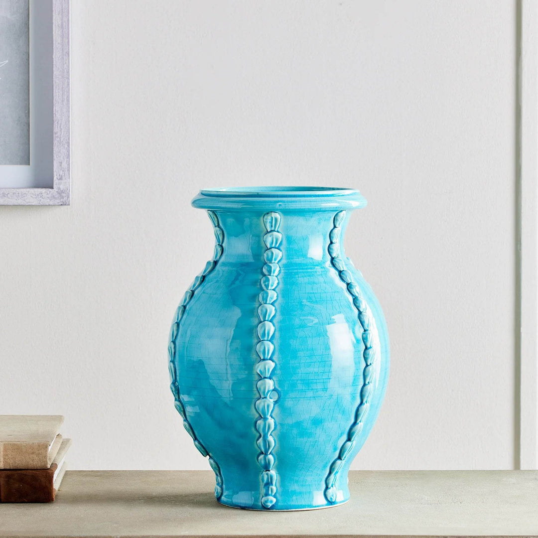 Side view of aqua ceramic vase with shell details, handmade in Italy, perfect for decorative styling – Coastal Mediterranean


