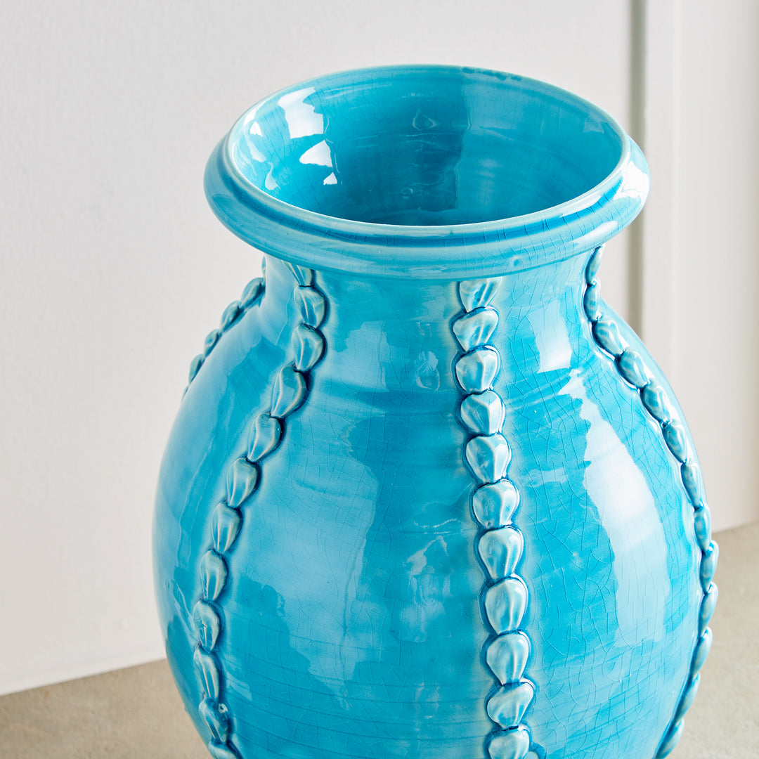 Top view of aqua ceramic vase showing hand-applied shell details and wide flared rim, handmade in Italy – Coastal Mediterranean

