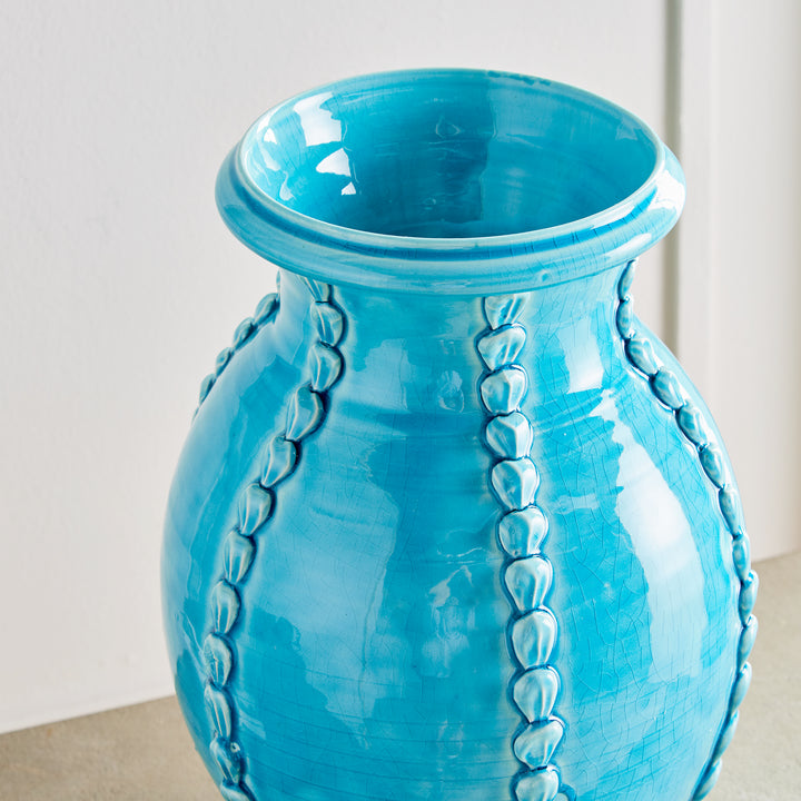 Top view of aqua ceramic vase showing hand-applied shell details and wide flared rim, handmade in Italy – Coastal Mediterranean

