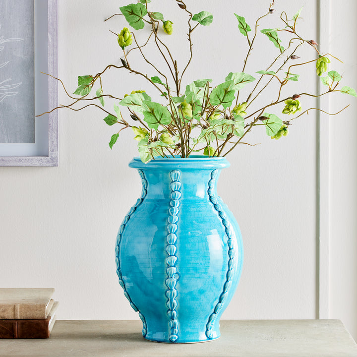 Aqua ceramic vase with green branches, handmade in Italy with shell details, ideal for floral arrangements – Coastal Mediterranean


