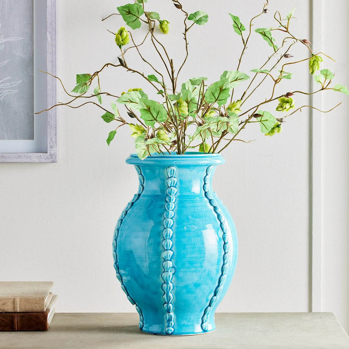 Aqua ceramic vase with green branches, handmade in Italy with shell details, ideal for floral arrangements – Coastal Mediterranean



