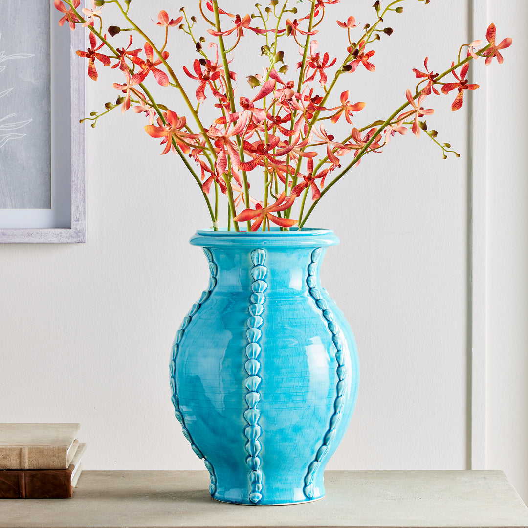 Aqua ceramic vase with pink flowers, handmade in Italy with shell details, adds color to interiors – Coastal Mediterranean


