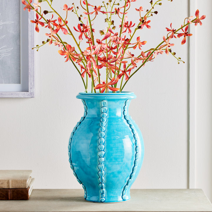 Aqua ceramic vase with pink flowers, handmade in Italy with shell details, adds color to interiors – Coastal Mediterranean


