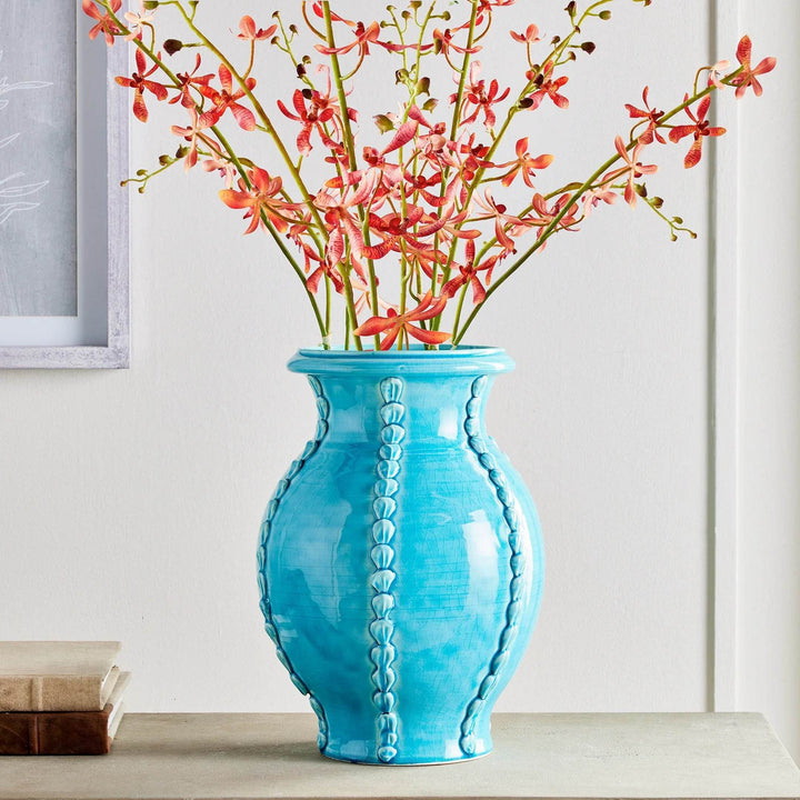 Aqua ceramic vase with pink flowers, handmade in Italy with shell details, adds color to interiors – Coastal Mediterranean


