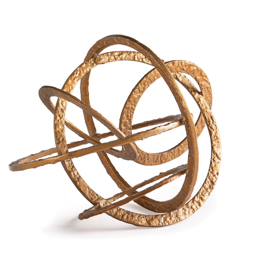 Antique brass abstract loop sculpture with crossing textured aluminum bands, shown on a plain white backdrop - Contemporary