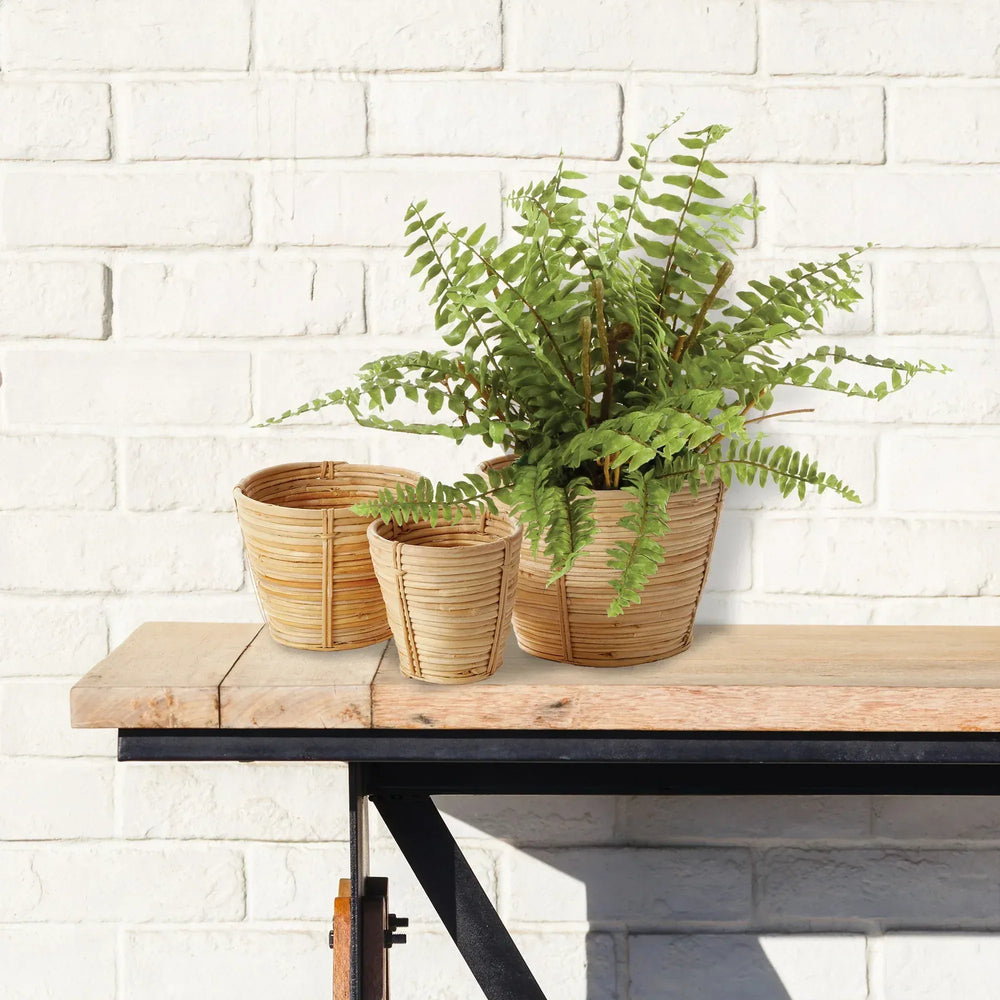 Artificial Boston fern drop in showing molded root ball and dense green foliage, 12 inch faux fern insert designed for indoor use, Transitional