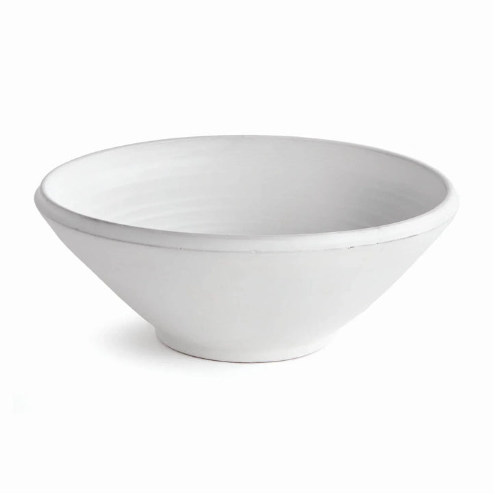 Aveline warm white terracotta bowl with a broad opening, tapered sides and throw lines on a pale background. Modern Organic