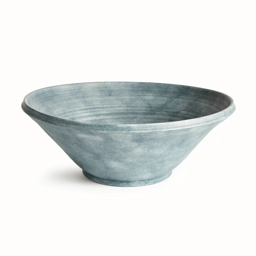 Aveline washed blue terracotta bowl with a broad open rim, tapered sides and visible blue glaze variation. Modern Organic