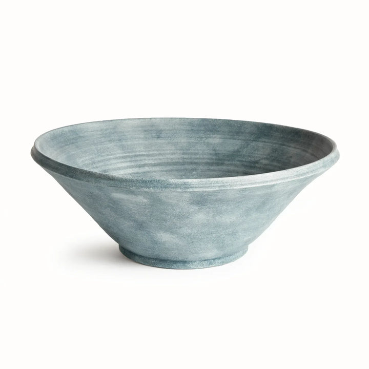 Aveline washed blue terracotta bowl with a broad open rim, tapered sides and visible blue glaze variation. Modern Organic