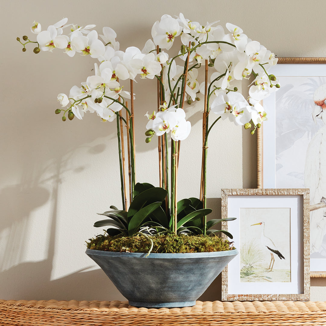 Aveline washed blue terracotta bowl styled with white orchids and green foliage beside art on a woven surface. Modern Organic