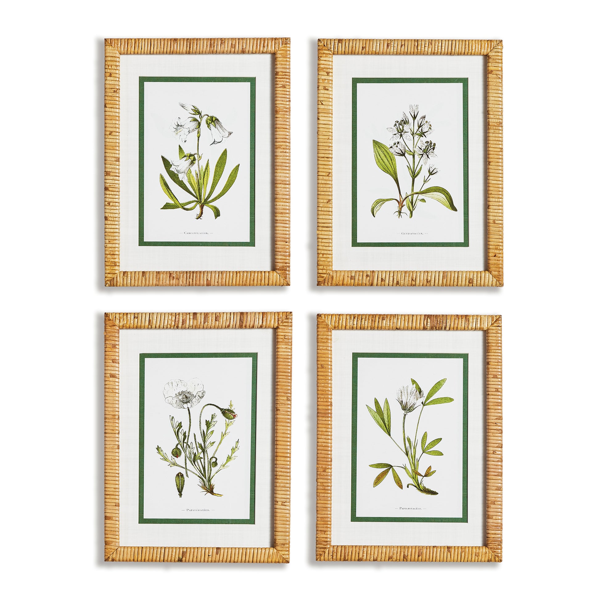 Four different types of florals all in white are rendered here in classical style. Finished with real mats and a bamboo-wrapped pine wood frame, a fitting set for study, powder room or bedroom.