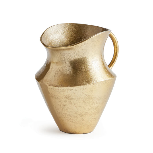 Asymmetrical in form and made of cast aluminum, this decorative pitcher fits nicely in the transitional space. Finished in a warm gold with a rich texture, it is a stunning vessel for faux stems or display as is for a cleaner look.