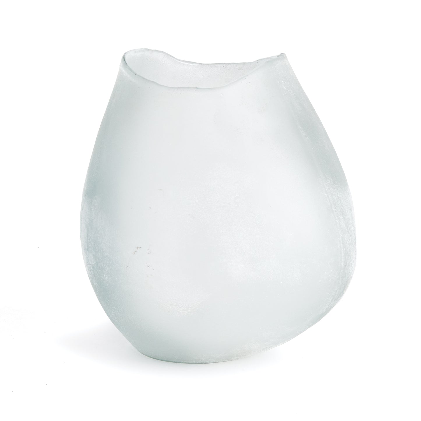 Nature-inspired, this hand blown glass vase has a bulbous shape and melted edge rim detail. The frosted glass only adds to it's appeal. A beautiful addition to bookshelf, mantel or side table.