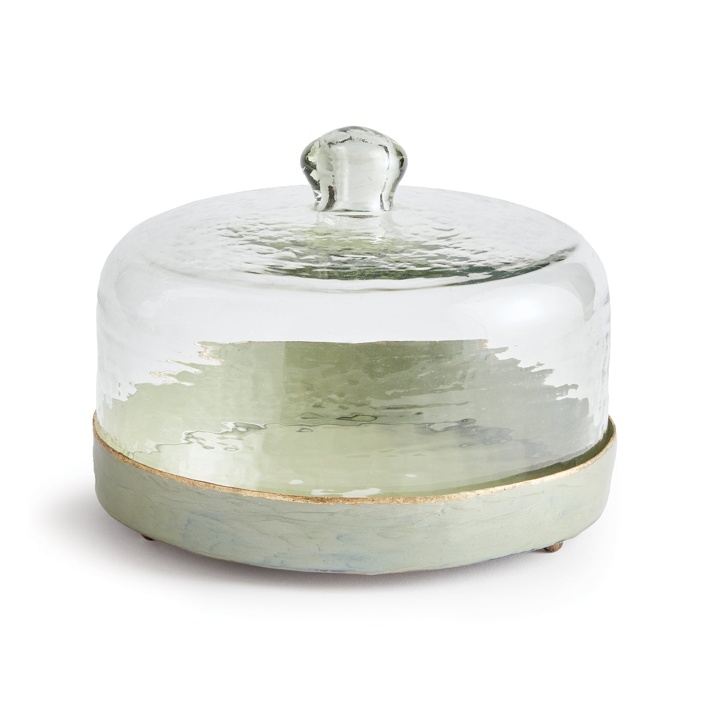 This charming tray and cloche set is the is made for the modern homemaker. The iron tray is finished in a muted green enamel with gold foil edging. Topped with a hammered glass cloche just to keep things fresh. 