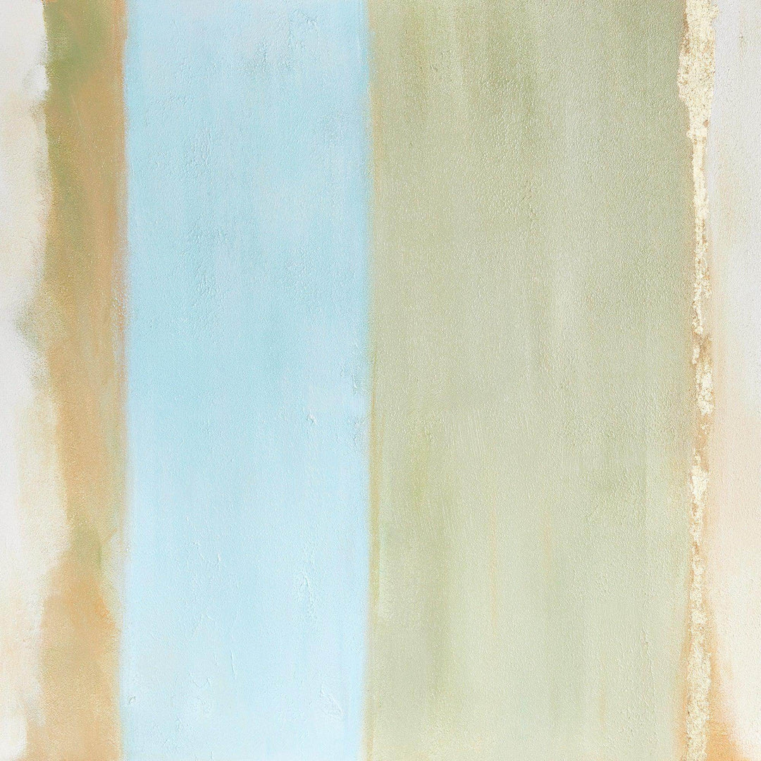 Experience the serene, coastal tones within this modern canvas. Drawing inspiration from Rothko's iconic style, this canvas is a study in color and balance. Each highlight is meticulously hand-embellished with touches of paint, creating a textured and dimensional piece. Complete with a sleek silver frame, this canvas is a stunning addition to any space.