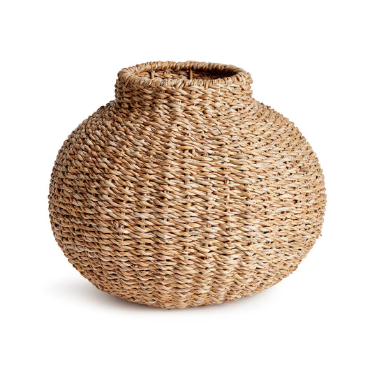 Seagrass is naturally supple, not stiff. Beautiful in color as well as texture. This round vase is solidly constructed with an iron frame to keep it's shape. A nice complement to a tall faux stem.