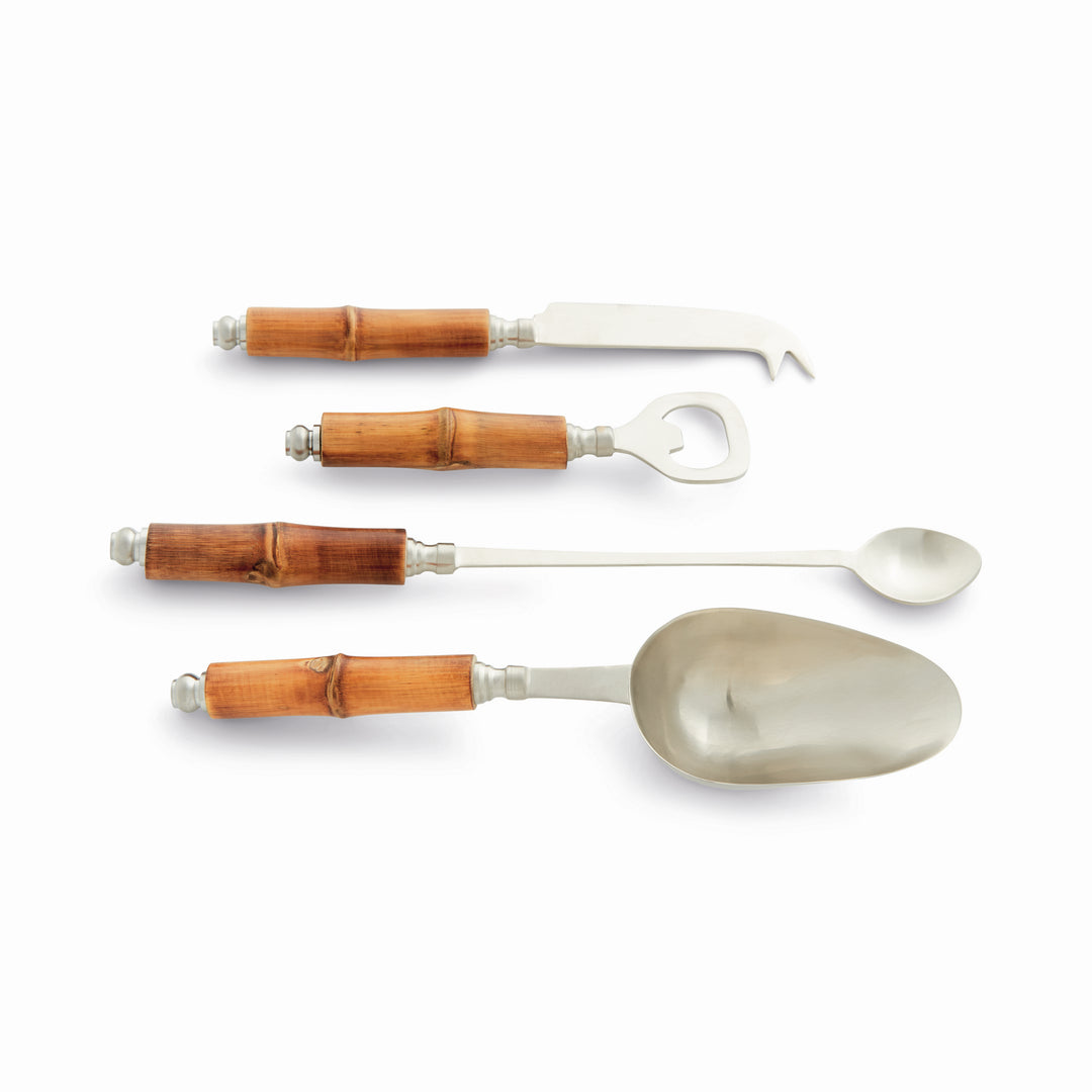 Flatlay view of complete bamboo barware set of 4 on white background styled in coastal casual manner.