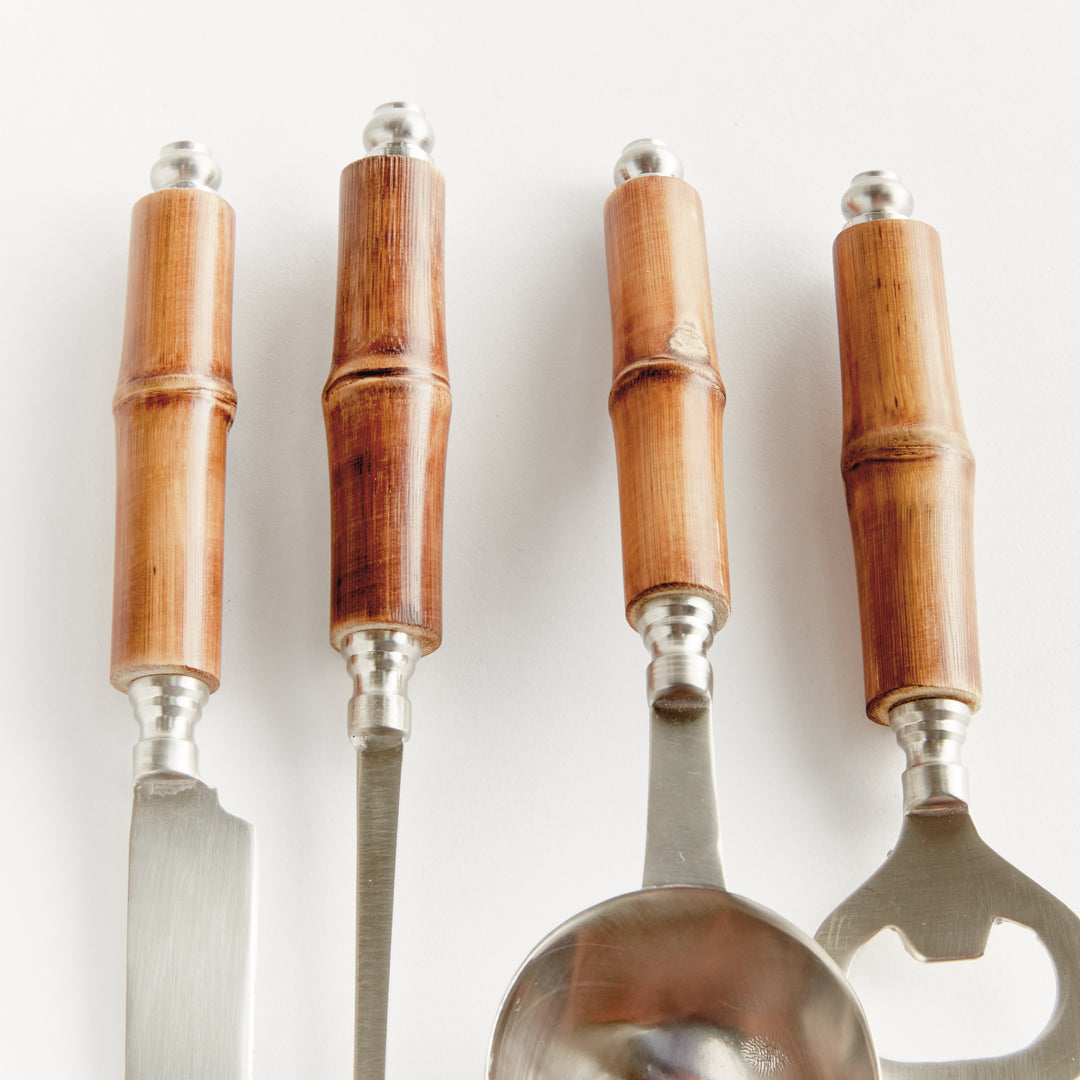 Close-up of natural bamboo handles on bar tools, highlighting the coastal casual texture and tone.