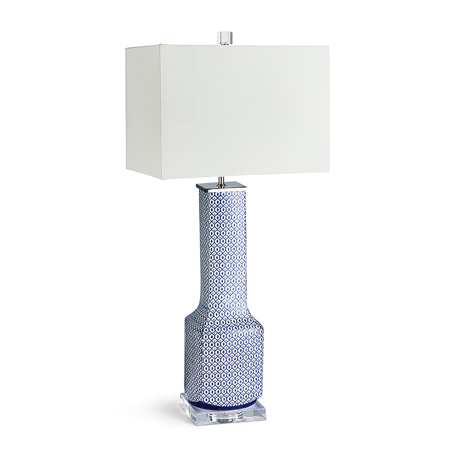 With a distinctive shape and subtle pattern, this lamp is a great fit for the transitional space. A great way to add height and style to any room.