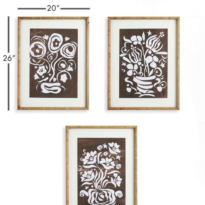 Made of whimsical cut out designs from the original artwork of Susan Nastasic, this playful set of three floral motifs are finished off with a printed mat and bamboo frames. In a warm neutral palette, a great set for den, family room or kitchen.