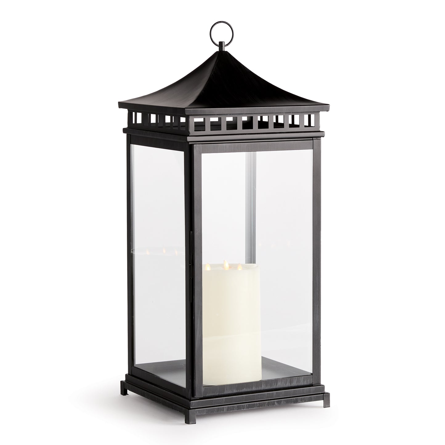 Simple in form and designed with a wide, sweeping top and a row of panes, this lantern is full of character. The powder-coated washed black finish gives it a sleek look that works well in any outdoor setting.