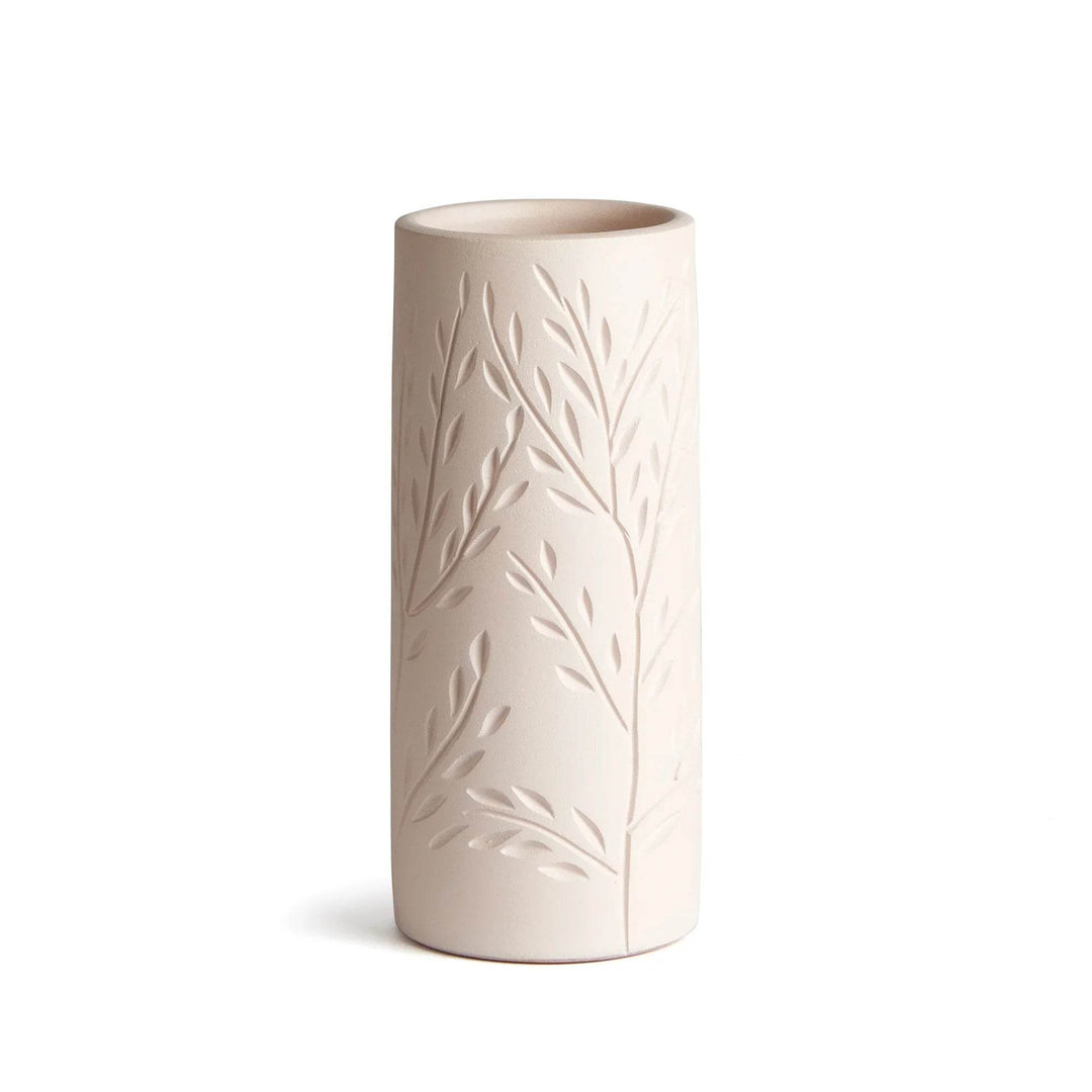 Handcrafted beige terracotta vase with vine motif, 9.5 inch medium size decorative vase for shelves or tables.

