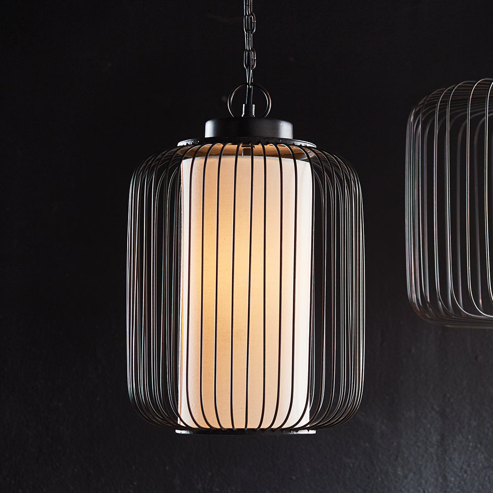 Antique Bronze Pendant Light with Soft Linen Drum Shade