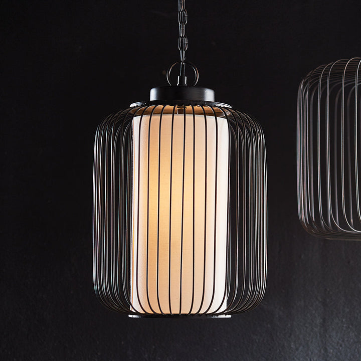 Antique Bronze Pendant Light with Soft Linen Drum Shade