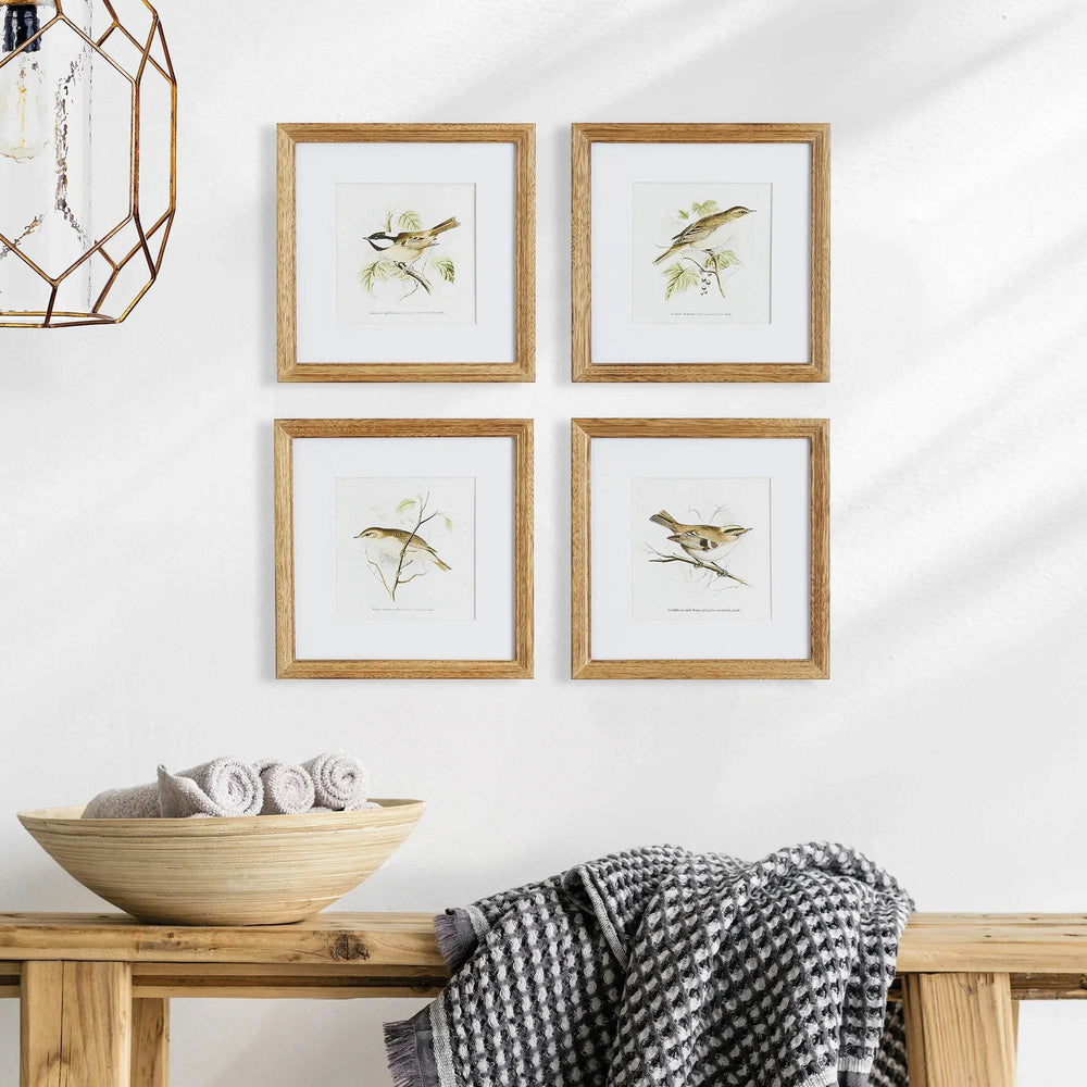 Set of framed bird prints styled in a hallway with natural textures