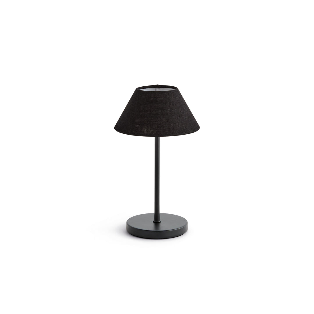 Black cordless LED table lamp with linen empire shade, rechargeable battery, and touch dimming controls, 10 inch size – Contemporary