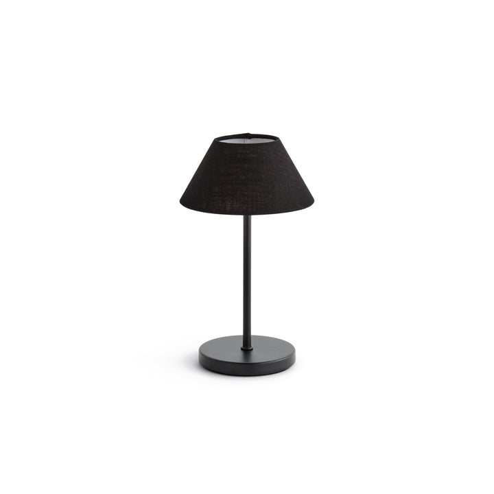 Black cordless LED table lamp with linen empire shade, rechargeable battery, and touch dimming controls, 10 inch size – Contemporary