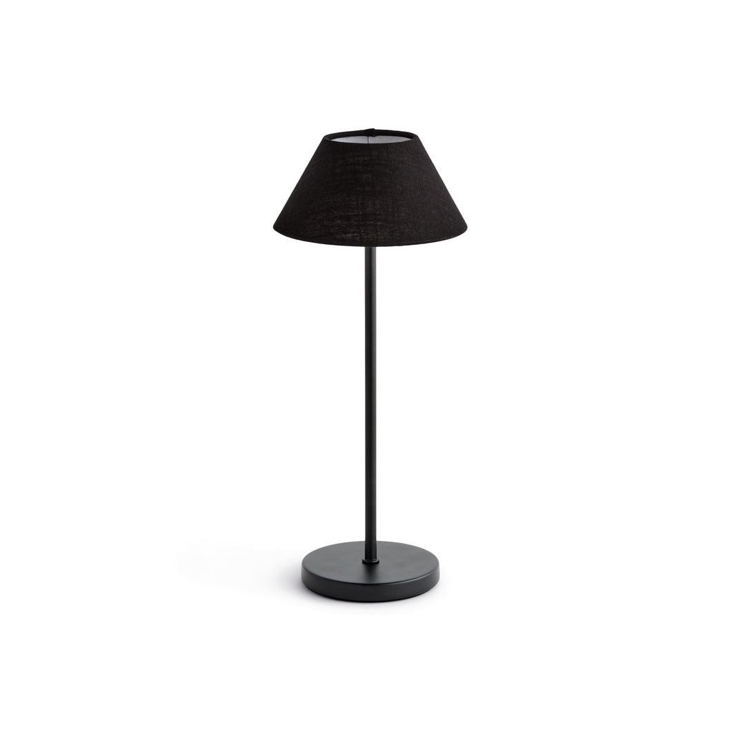 Black cordless LED table lamp with linen empire shade, rechargeable battery, and touch dimming controls, 14 inch size – Contemporary