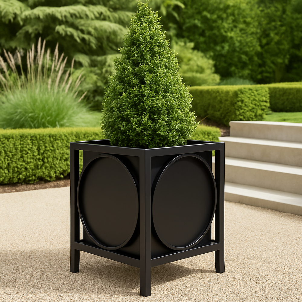Black iron planter styled in an architectural garden with structured greenery and clean modern lines, perfect for elevated outdoor design.