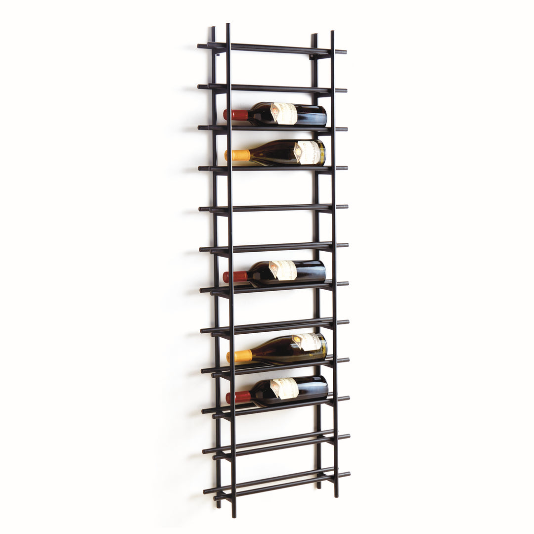 Black iron vertical wall wine rack with slim ladder design, holds 12 bottles securely, shown mounted with several bottles in place.