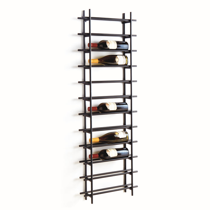 Black iron vertical wall wine rack with slim ladder design, holds 12 bottles securely, shown mounted with several bottles in place.