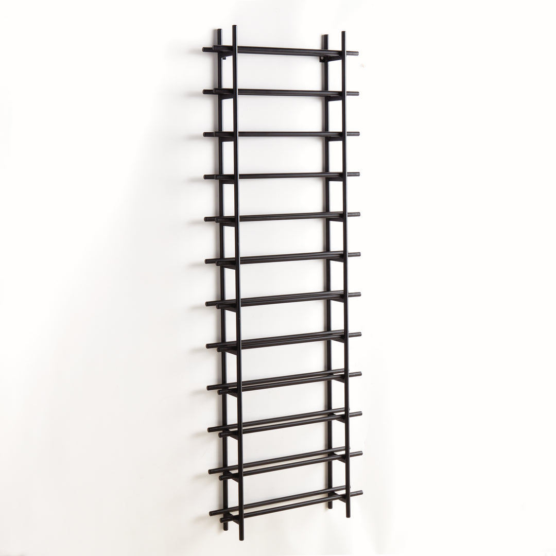 Black iron vertical wall wine rack with 12 bottle capacity, shown empty on white background with ladder-style frame.