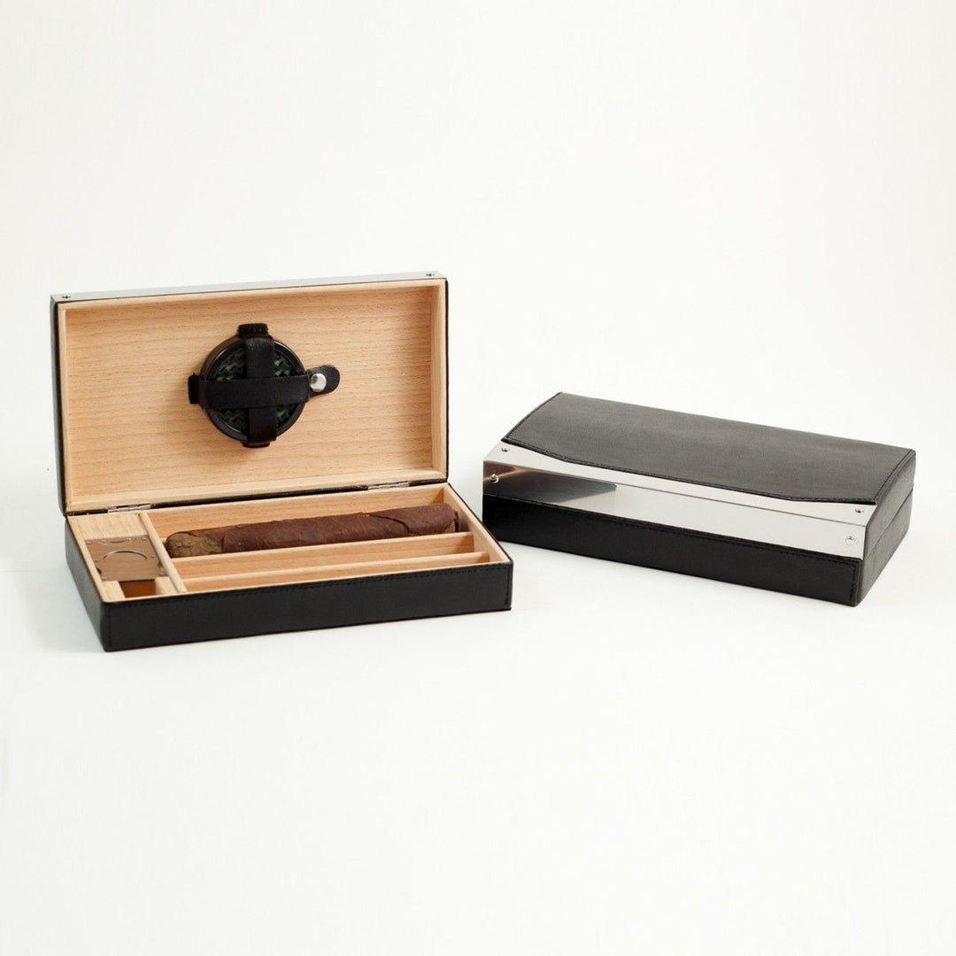 Black leather four cigar travel humidor with built-in humidistat and stainless steel cutter – Executive Luxe