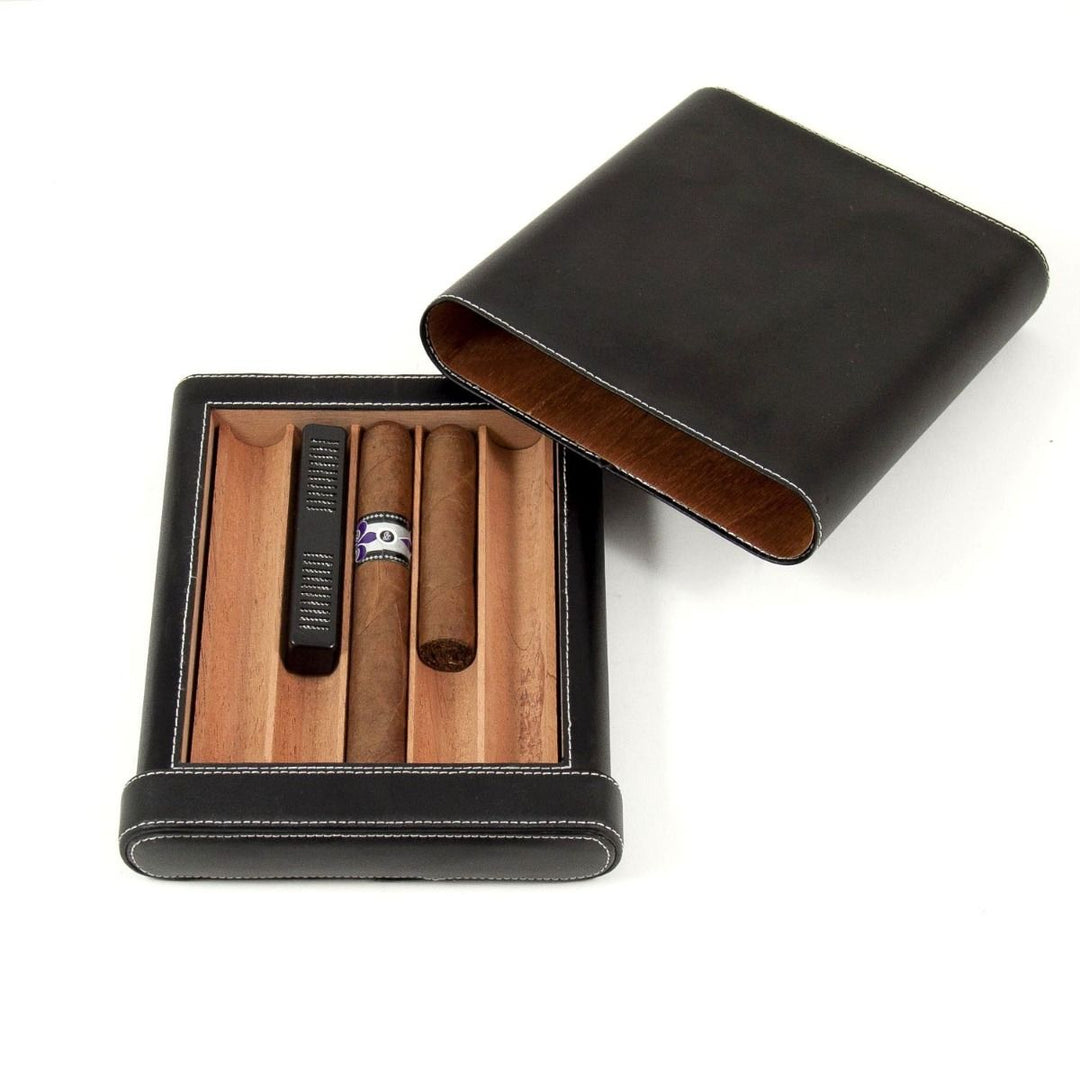 Black leather five cigar case with Spanish cedar lining and built-in hygrometer for cigar travel storage – Executive Luxe