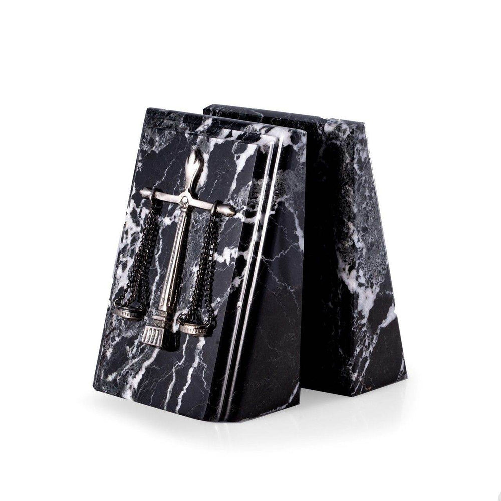 Pair of beveled black marble bookends with silver scales of justice emblem, 7.25 inch height, angled view highlighting wedge design – Professional Gift.