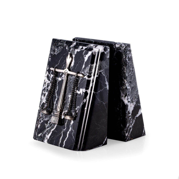 Pair of beveled black marble bookends with silver scales of justice emblem, 7.25 inch height, angled view highlighting wedge design – Professional Gift.