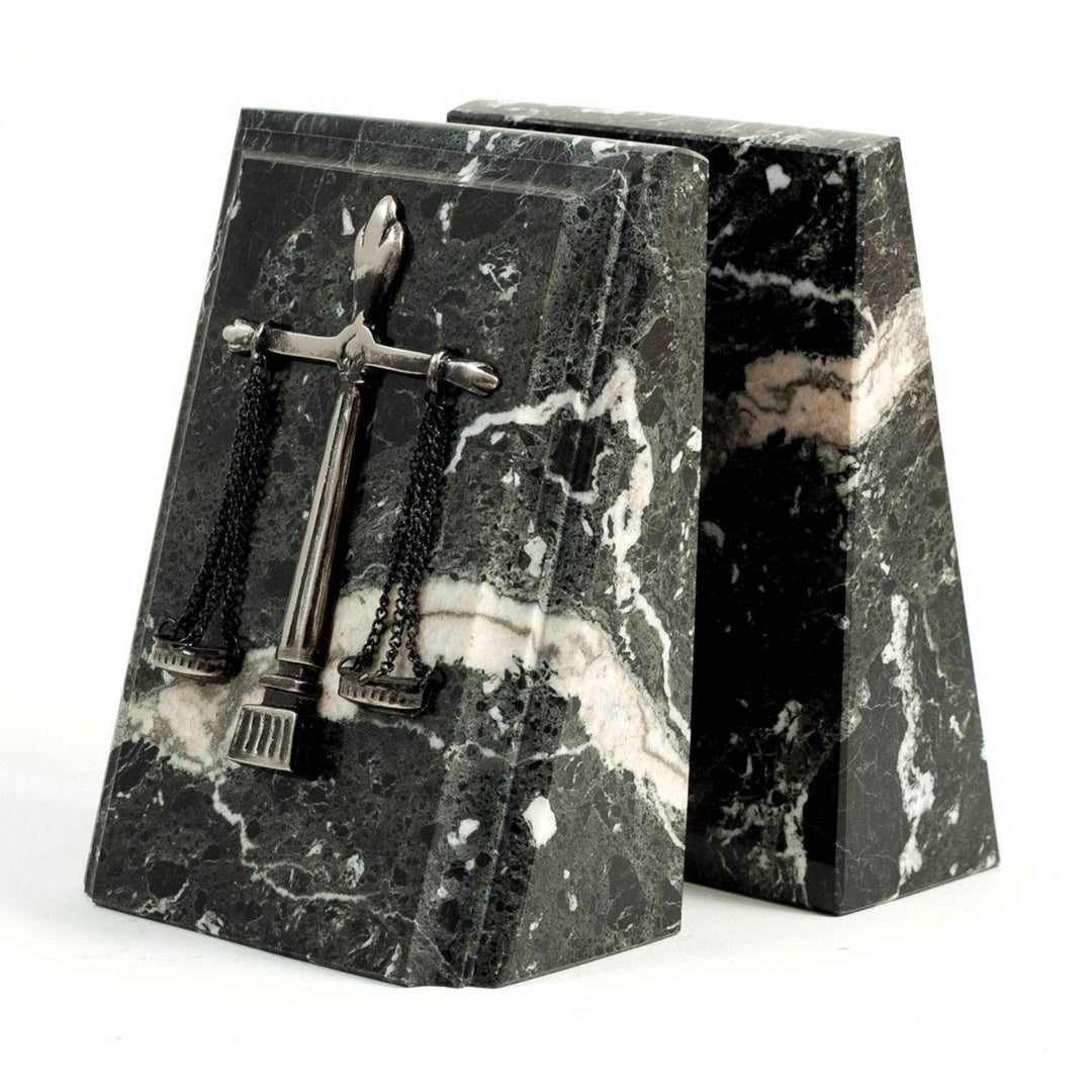 Black zebra marble bookends with antique silver scales of justice emblem, 7.25 inches tall, shown from front angle for office or law library décor – Professional Gift.