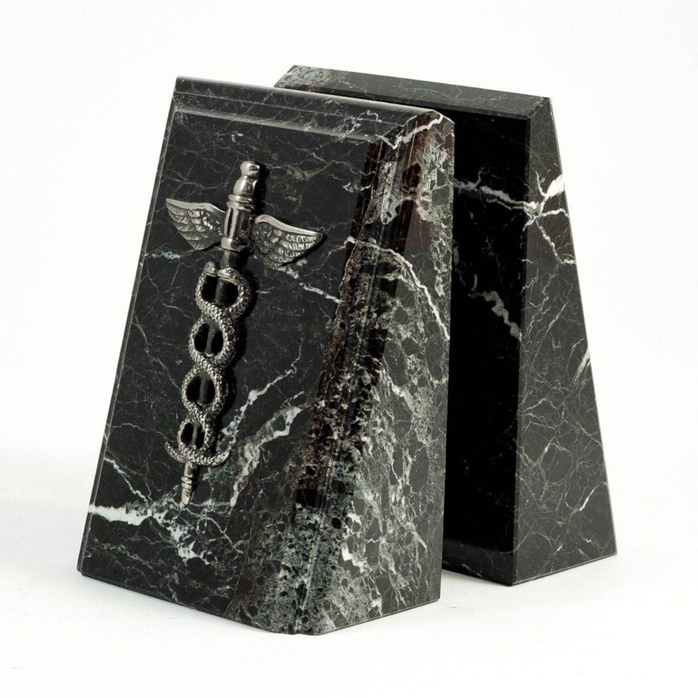 Beveled black zebra marble bookends with silver medical caduceus emblems, angled side view, decorative and functional gift for doctors – Professional Gift.