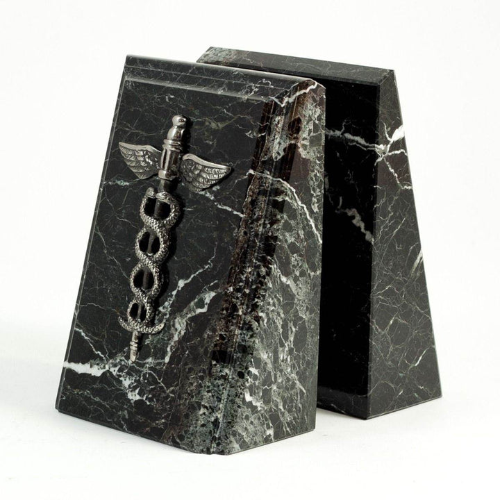 Beveled black zebra marble bookends with silver medical caduceus emblems, angled side view, decorative and functional gift for doctors – Professional Gift.