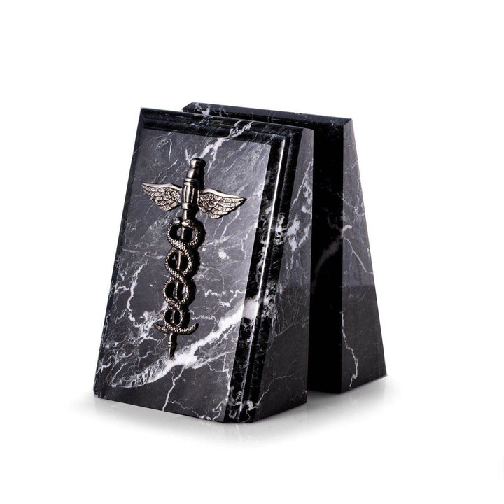 Pair of black zebra marble bookends with antique silver caduceus emblem, 7.25 inches tall, shown from the front for office or library décor – Professional Gift.