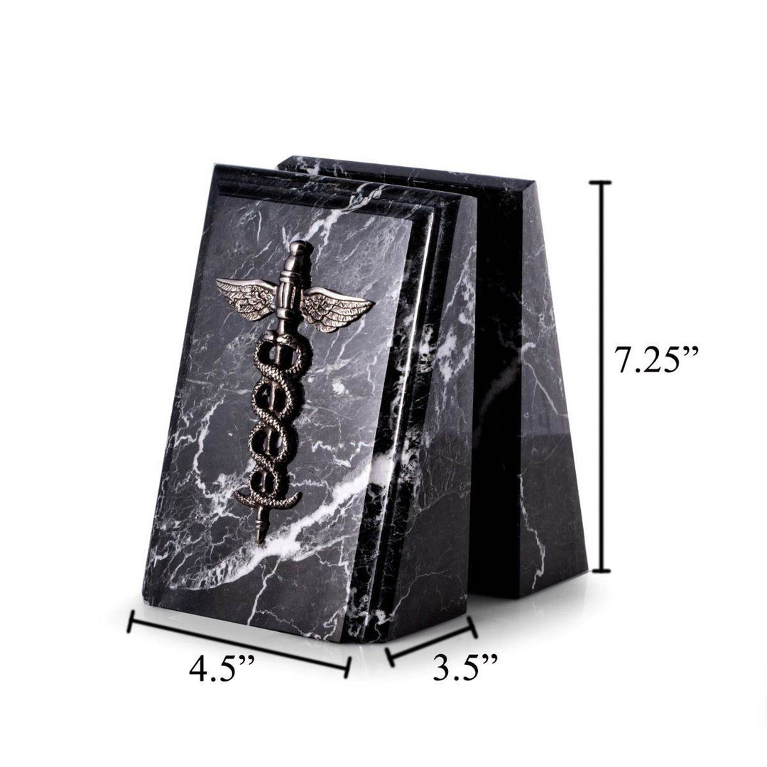 Black zebra marble bookends with silver caduceus emblem, 7.25 inches tall, wedge design shown with measurements for reference – Professional Gift.