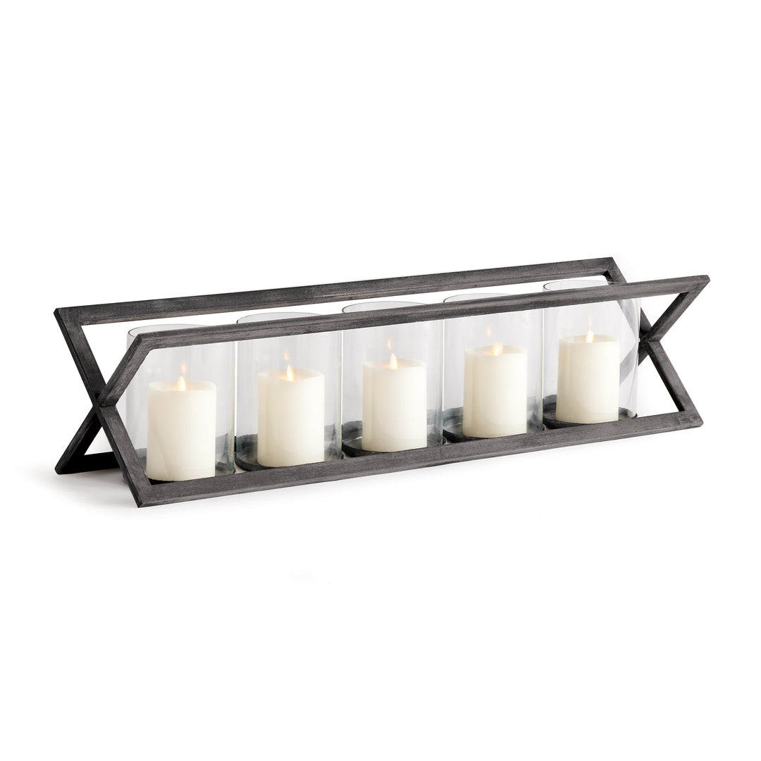 Black metal candle holder with five clear glass cylinders in angular frame – Modern Industrial.